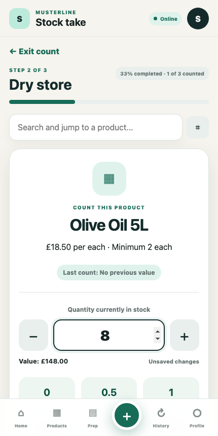 Musterline stock take screen counting a single product with a large quantity field