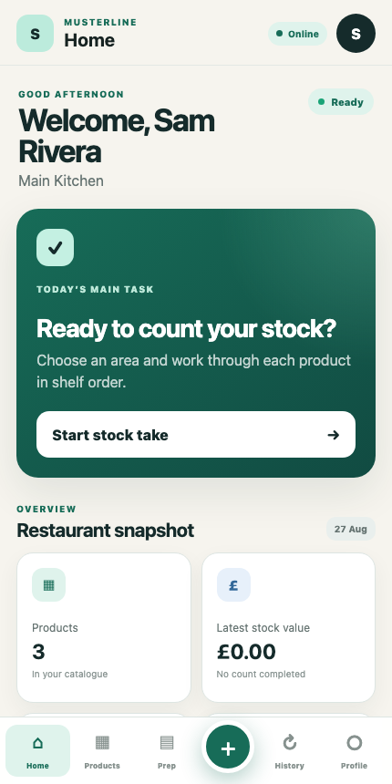 Musterline home screen showing a restaurant snapshot and a Start stock take button